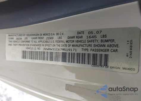 2007 Volkswagen New Beetle 2.5 from USA, damaged, VIN 3VWRW31C67M519171